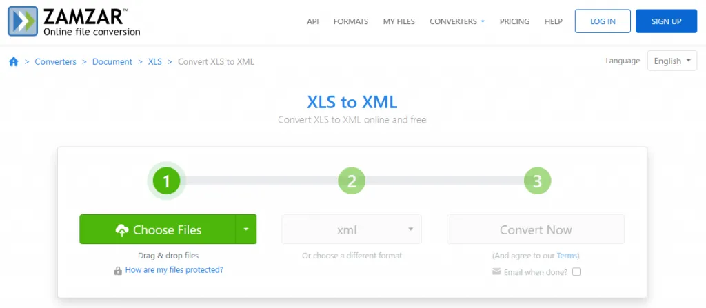 Choose file to convert xls to xml in zamzar