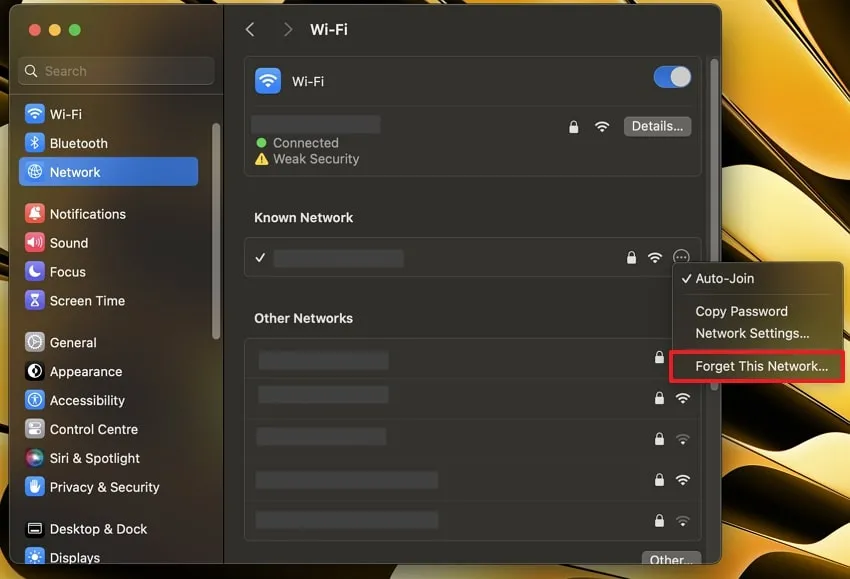 choose forget this network on MacOS Sonoma