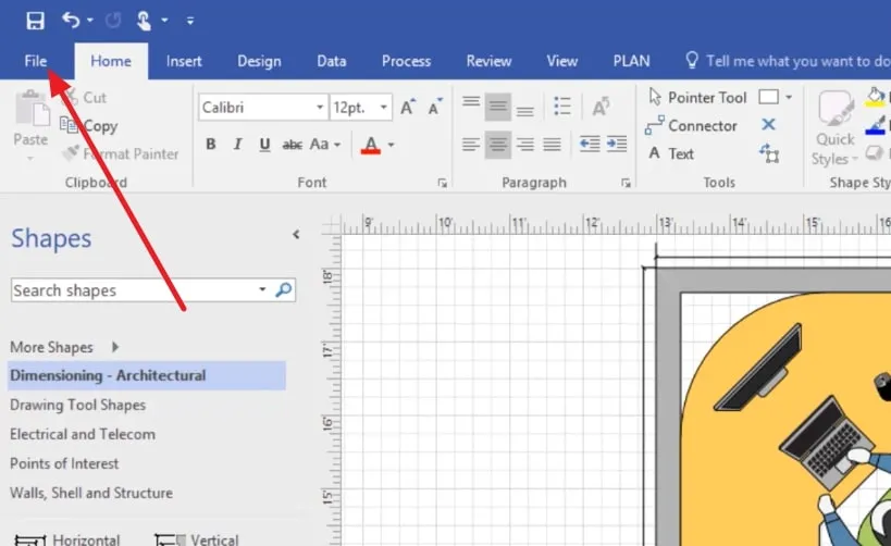 click on the file tab to convert vsdx to pdf with visio