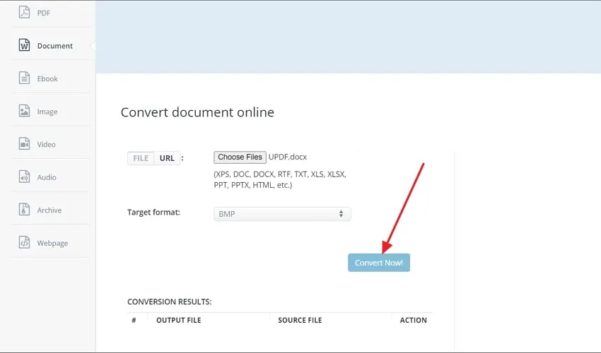 click on convert now button to convert word to bmp in aconvert