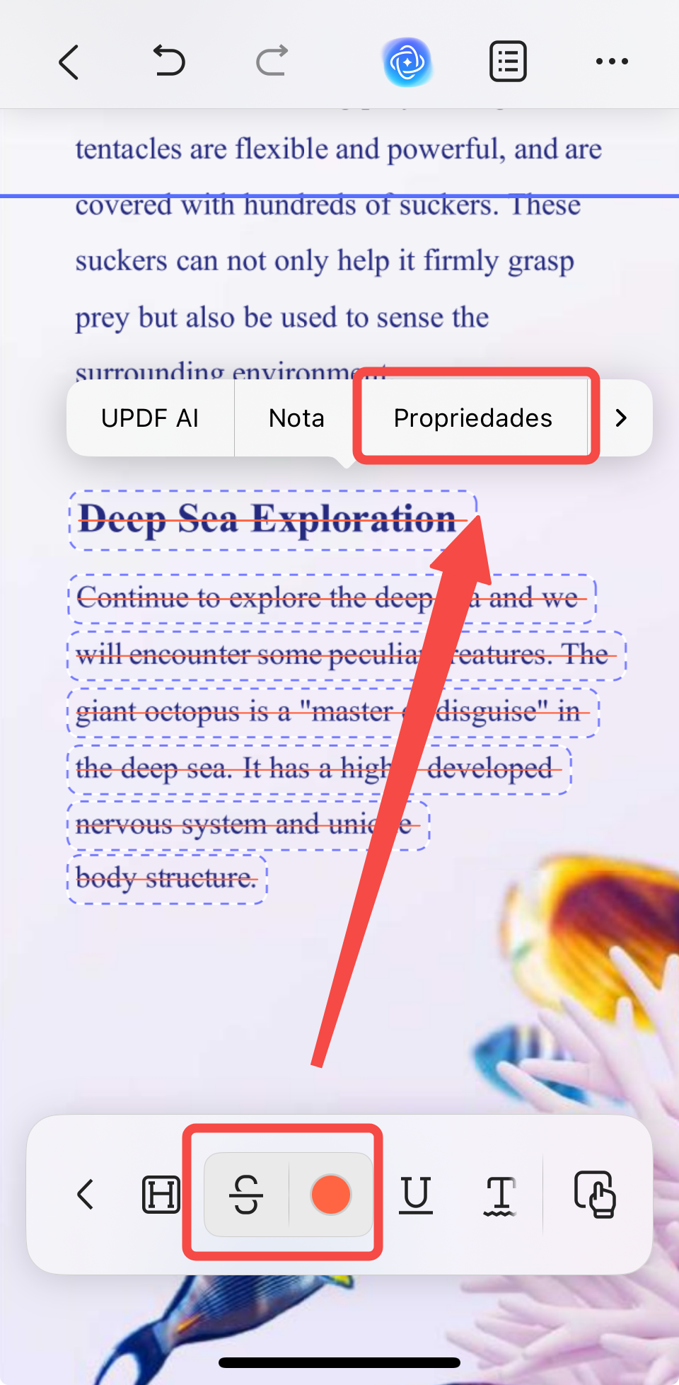 tocar em propriedades