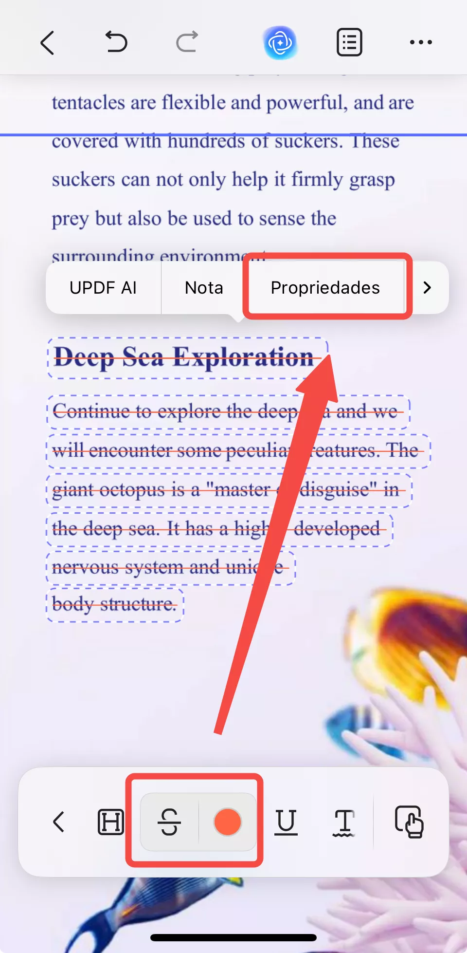 tocar em propriedades