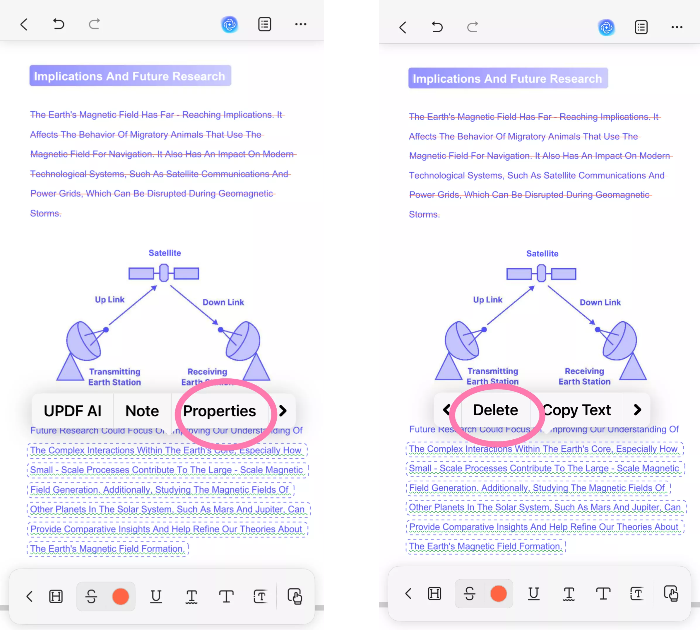 click propertites or delete ios