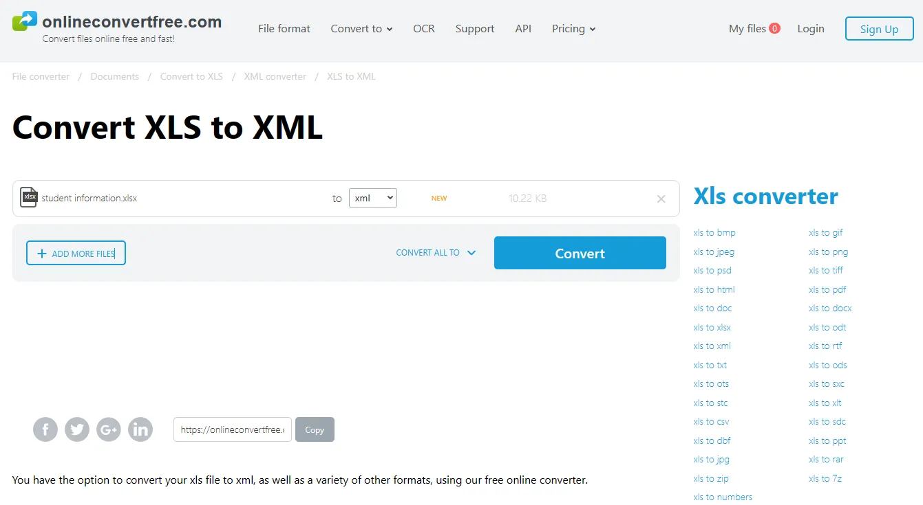 trasformare Excel in Xml tramite OnlineConvertFree