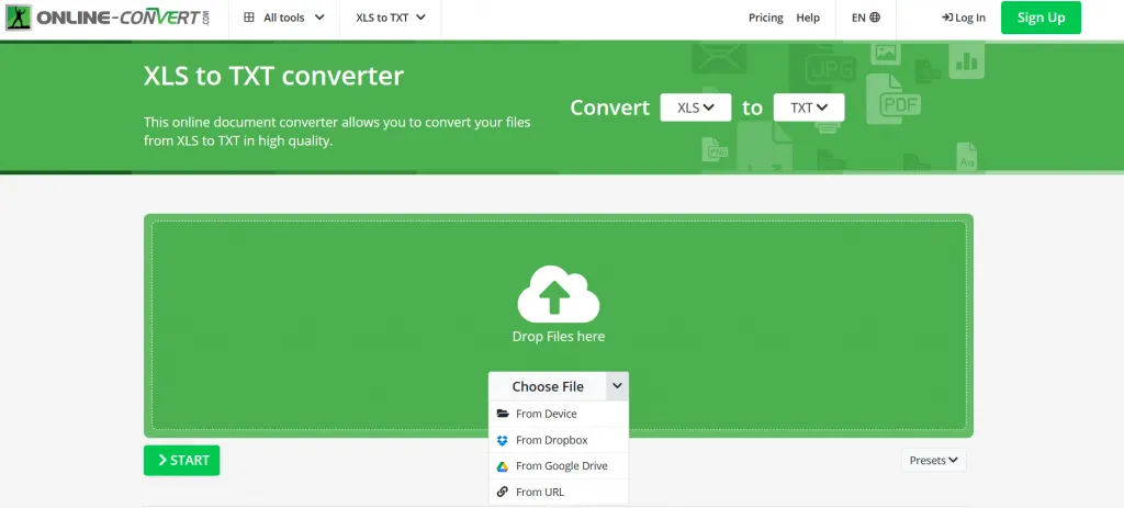 Choose file from device to  Convert Excel to TXT File Via Online-Convert