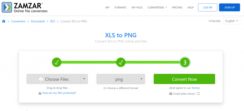Convert Noe to convert xls to PNG using zamzar