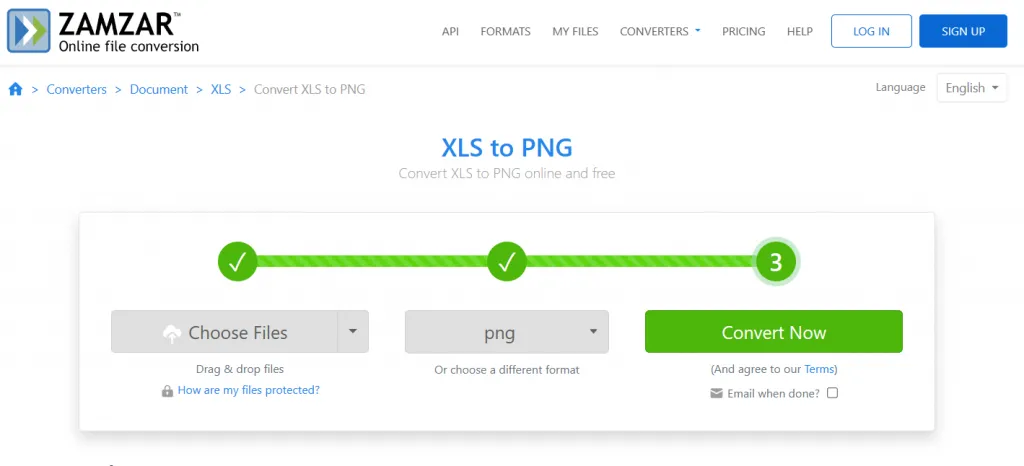 Convierte a Noe para convertir xls a PNG usando zamzar