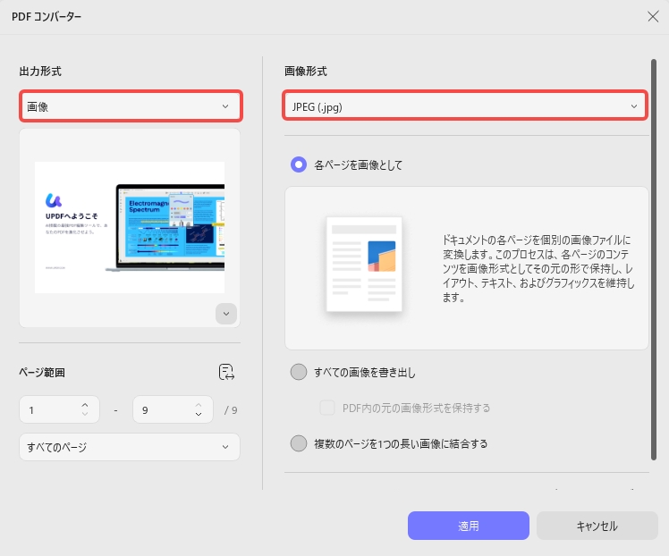 希望する画像形式を選択する