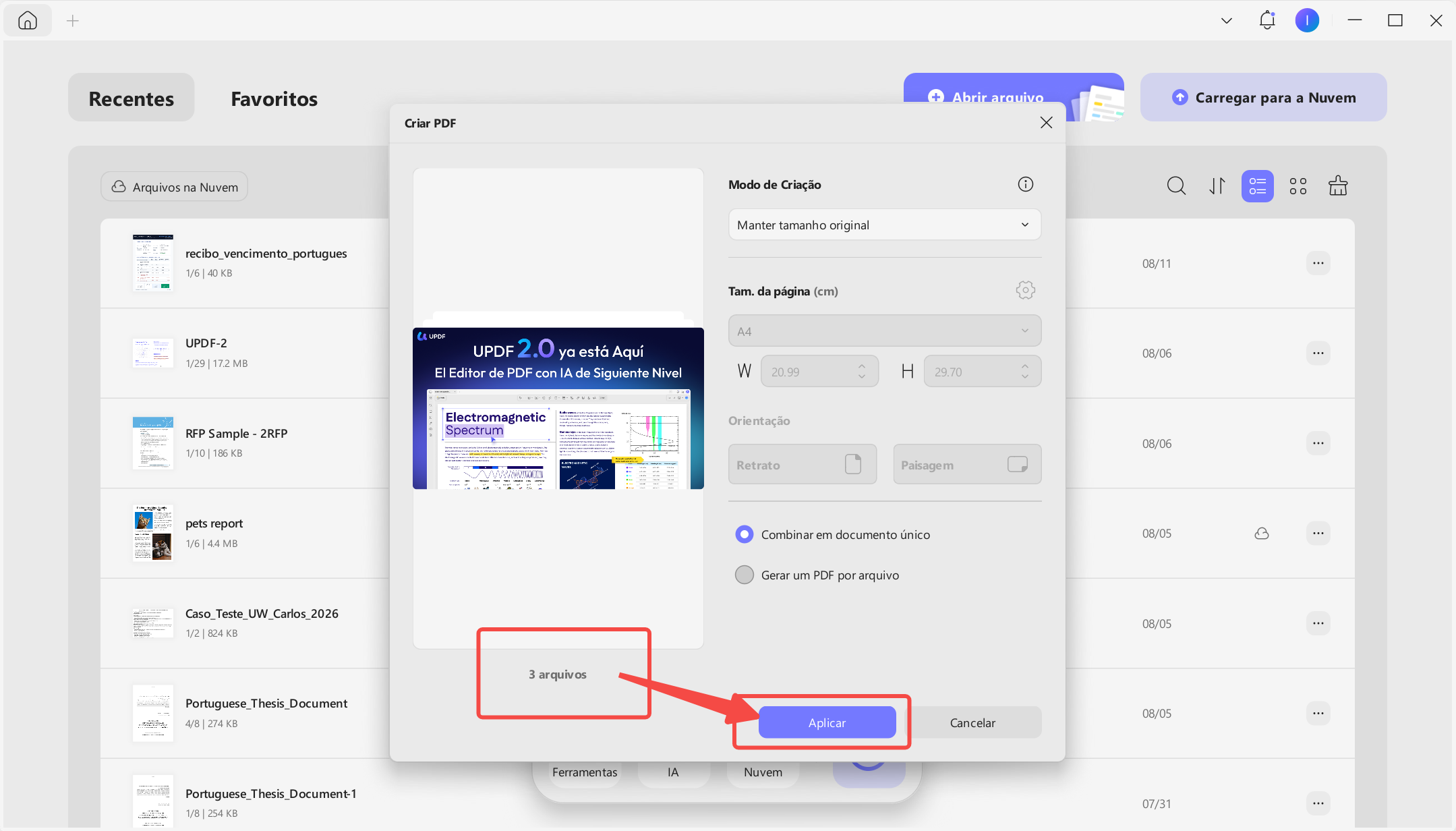 Selecione várias imagens ao criar o PDF