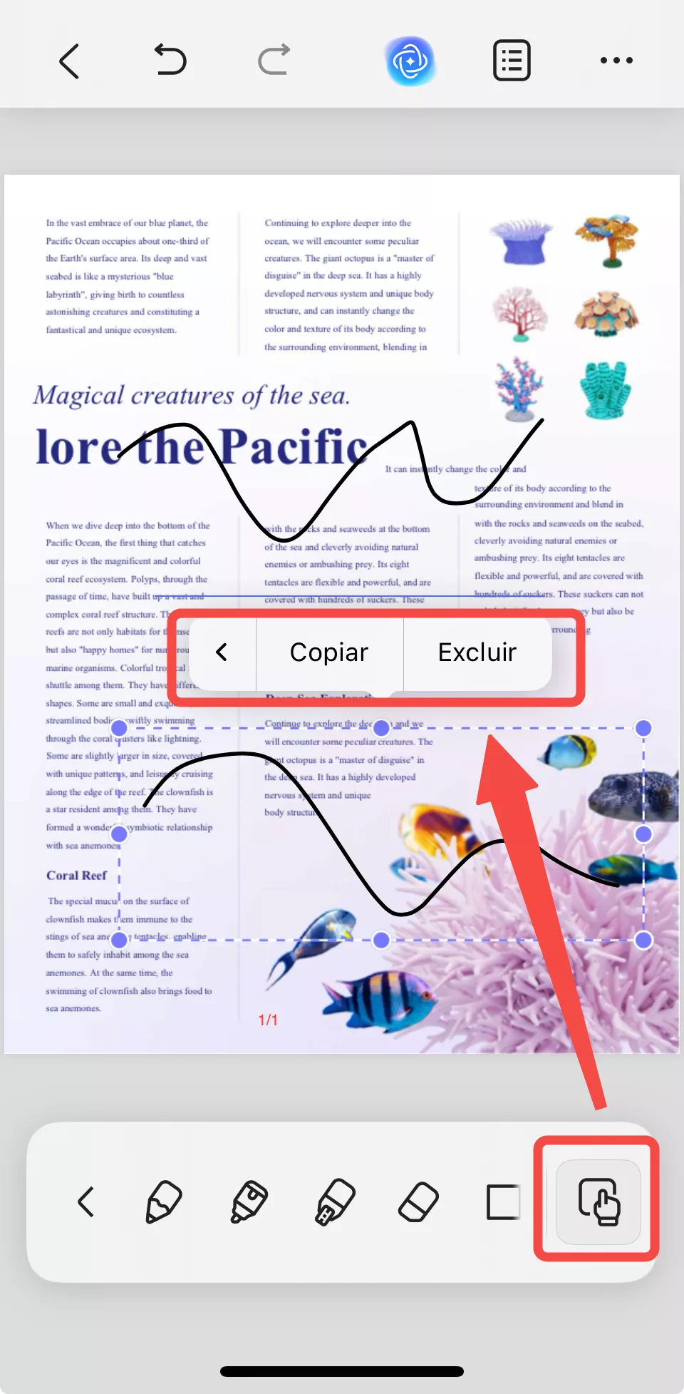 tocar no ícone de mão na barra de ferramentas inferior