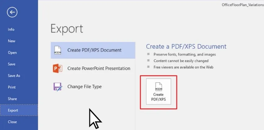 Tippen Sie auf die Option PDF XPX erstellen, um VSDX in PDF mit Visio umzuwandeln