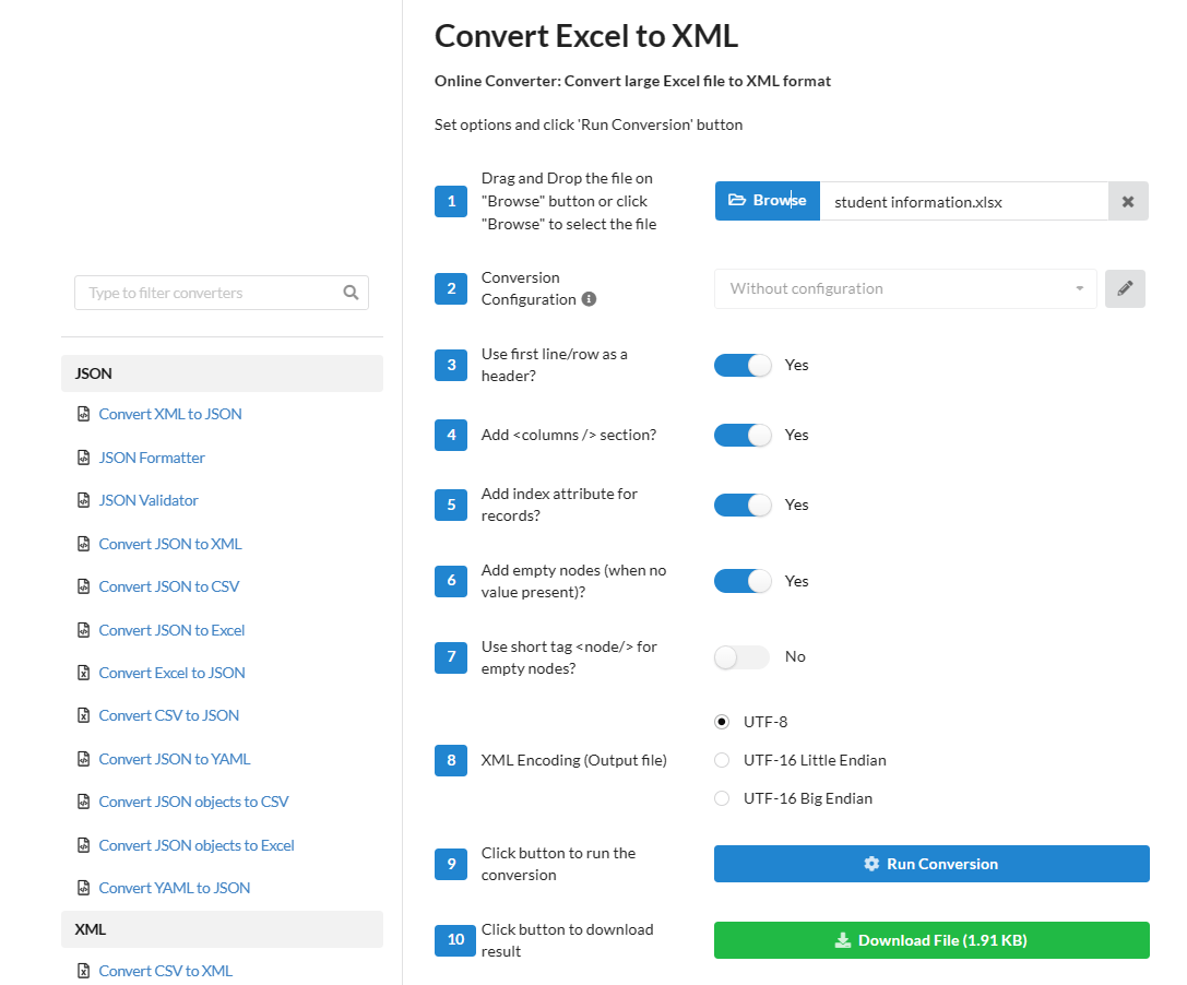 Convertire da Excel a Xmltramite Conversiontools