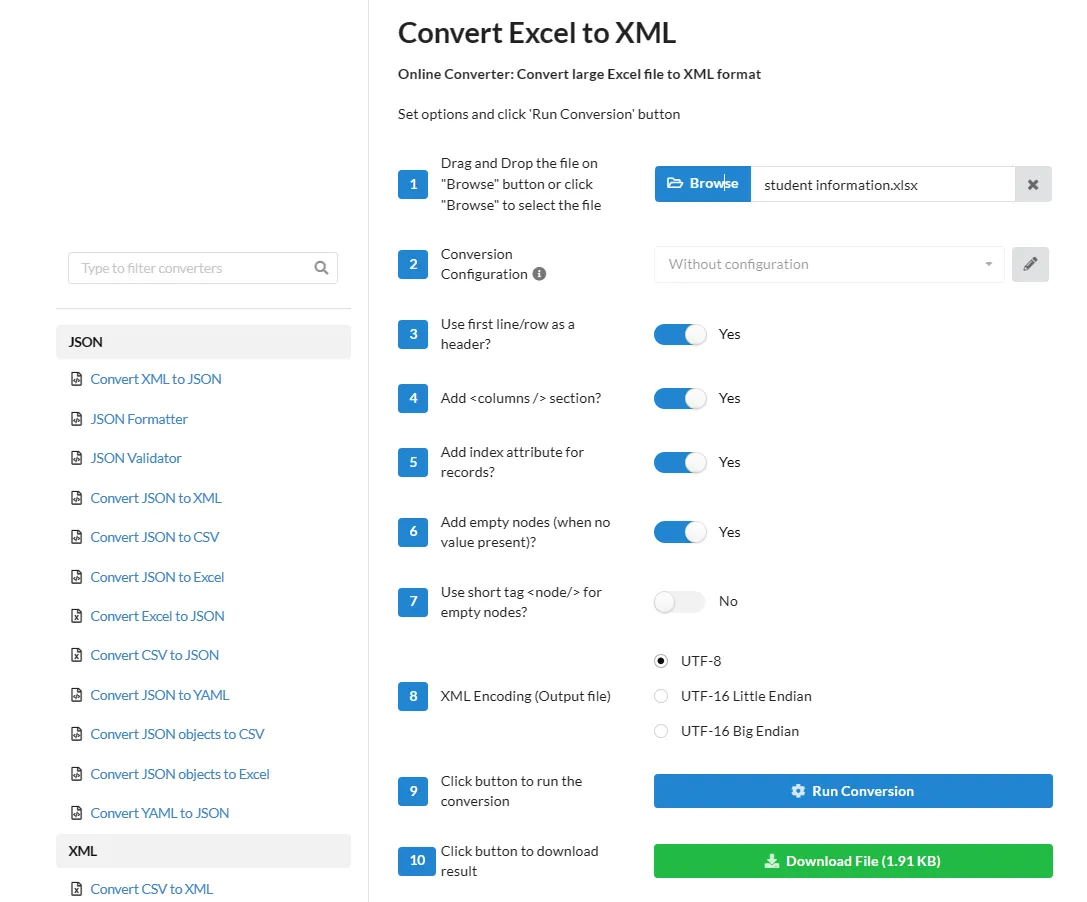 Convertire da Excel a Xmltramite Conversiontools