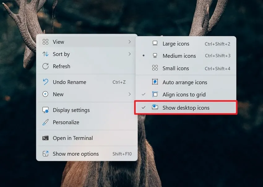 enable show desktop icons option to fix windows 10 desktop icons missing