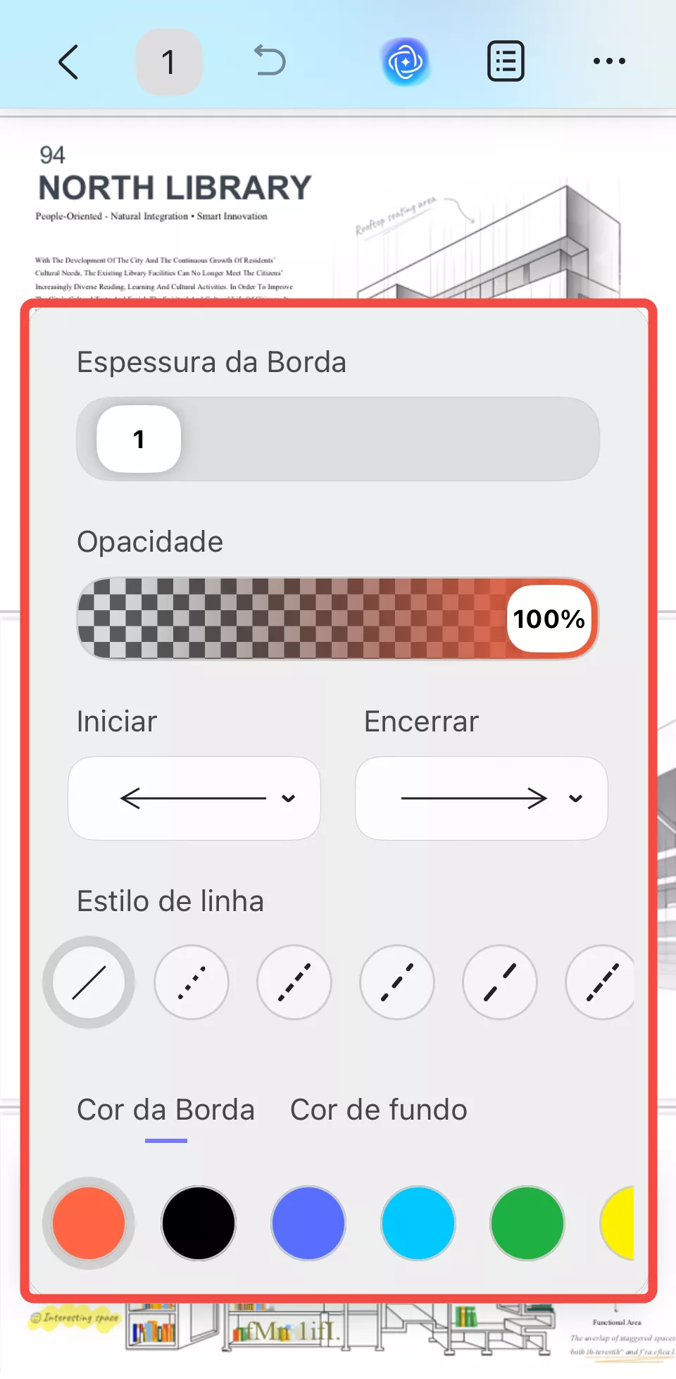 você pode clicar no ícone de cor para definir a espessura da borda, a opacidade, o estilo da linha, a cor da borda e o fundo