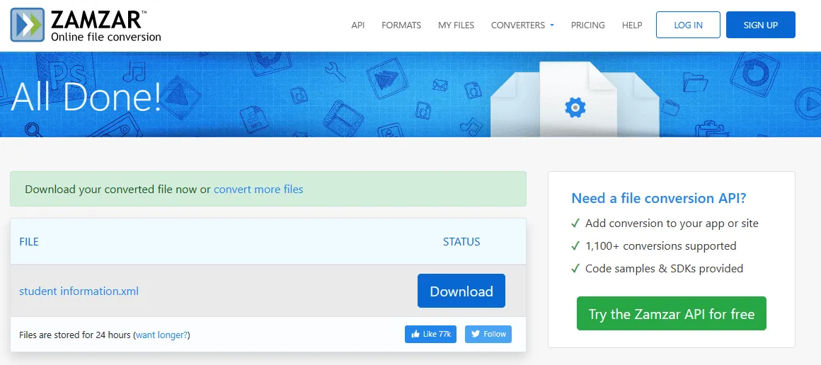 convertire XLS in XML tramite Zamzar