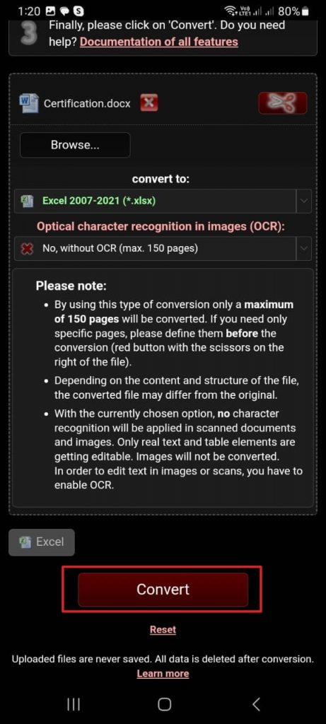AndroidでWordからExcelに変換する
