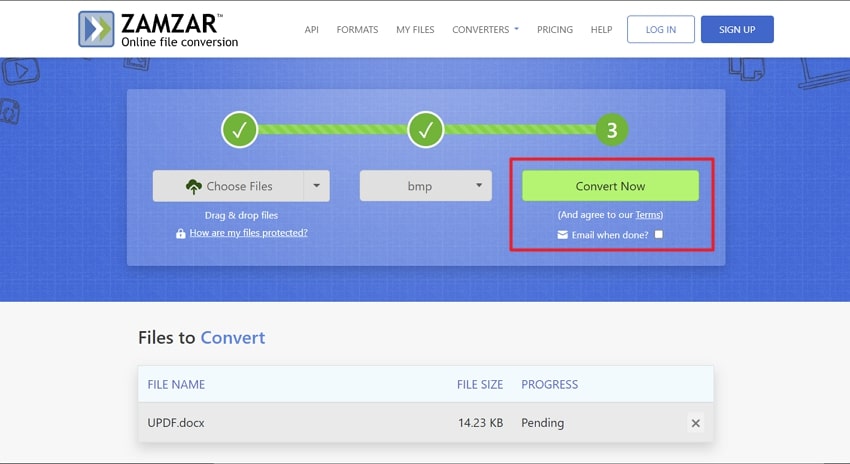 hit the convert now button to comvert doc to bmp via zamzar