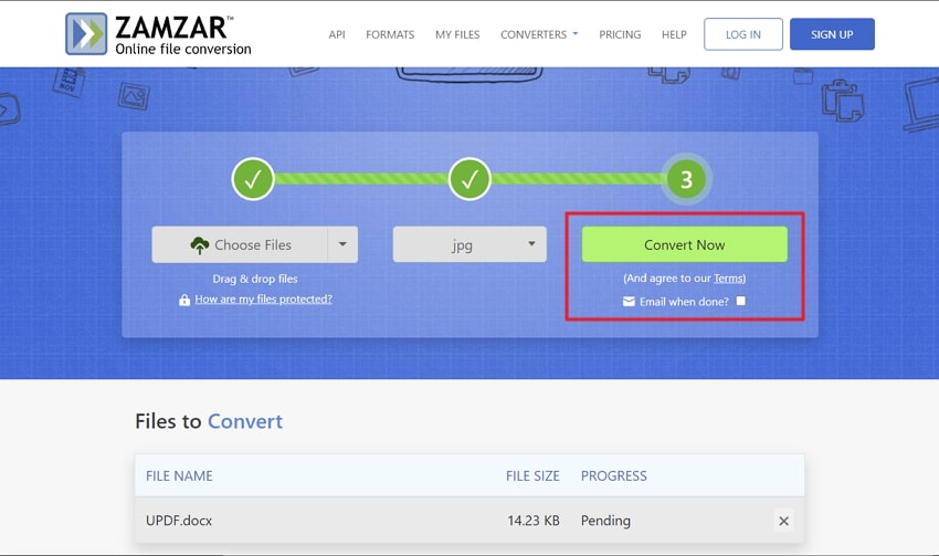 hit the convert now button to convert word to jpg in zamzar