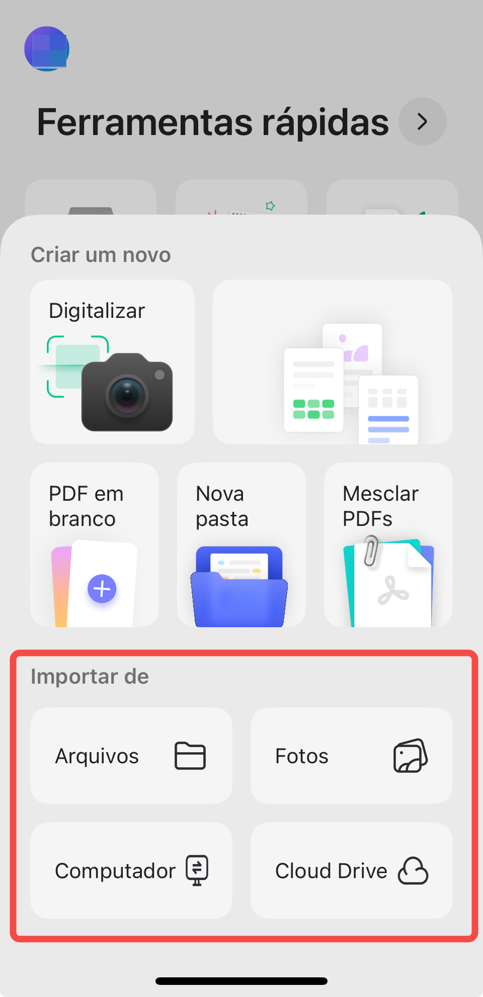 importar de arquivos, fotos, computador e cloud drive
