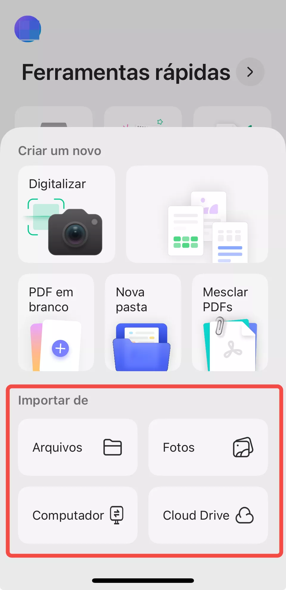importar de arquivos, fotos, computador e cloud drive
