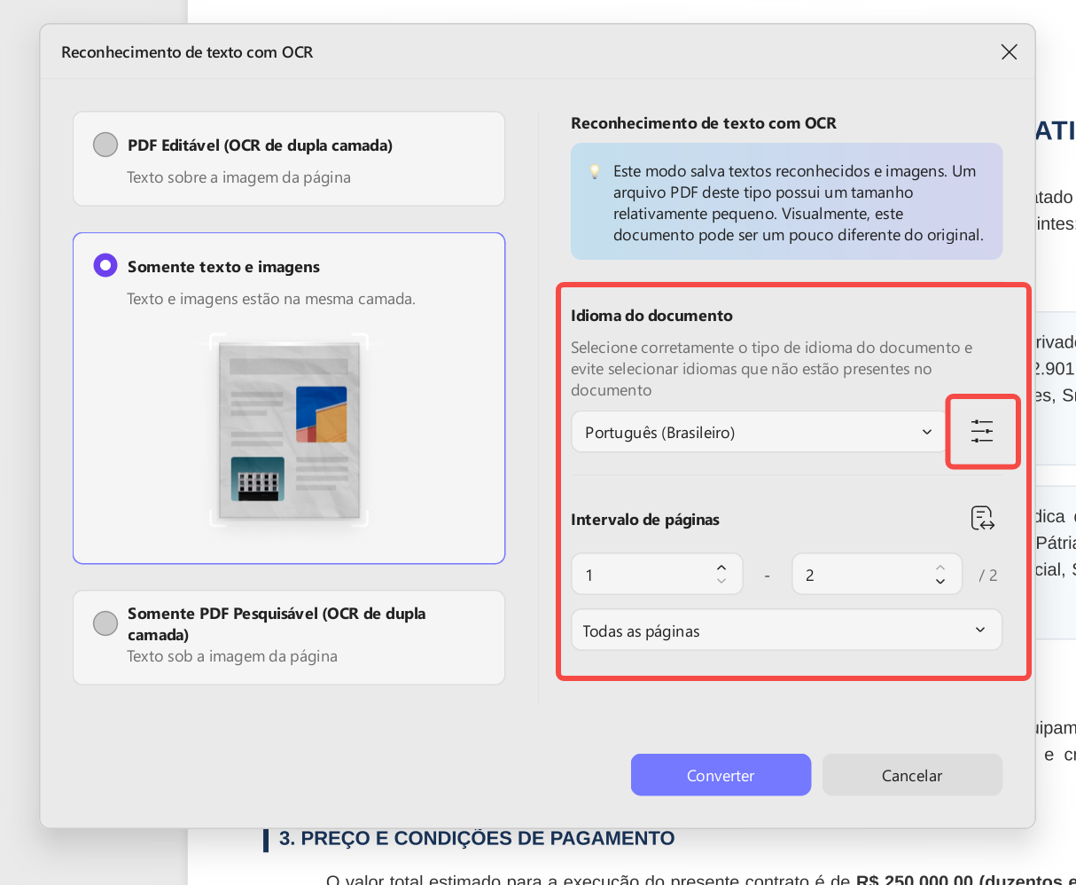 Configurar os parâmetros de conversão