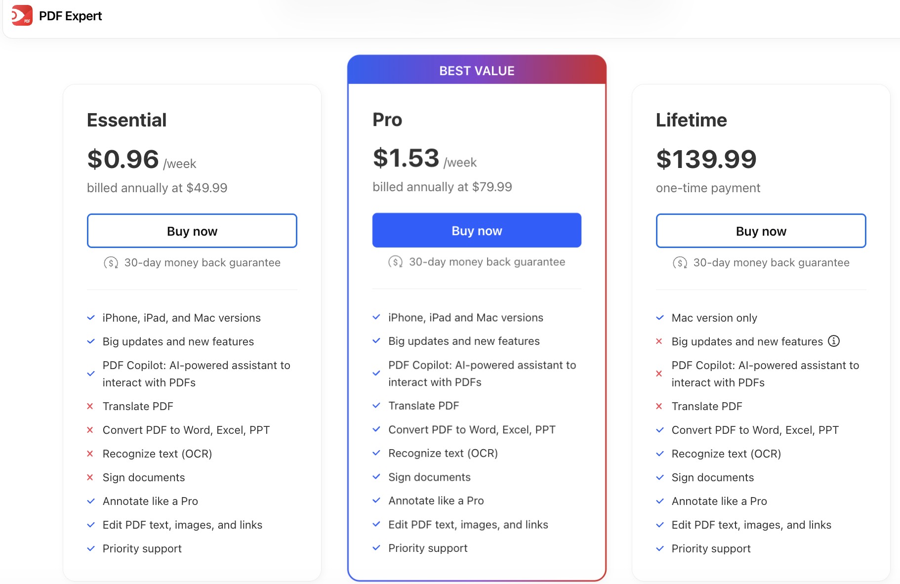 PDF Expert Essential, Pro, and Lifetime pricing and feature comparison
