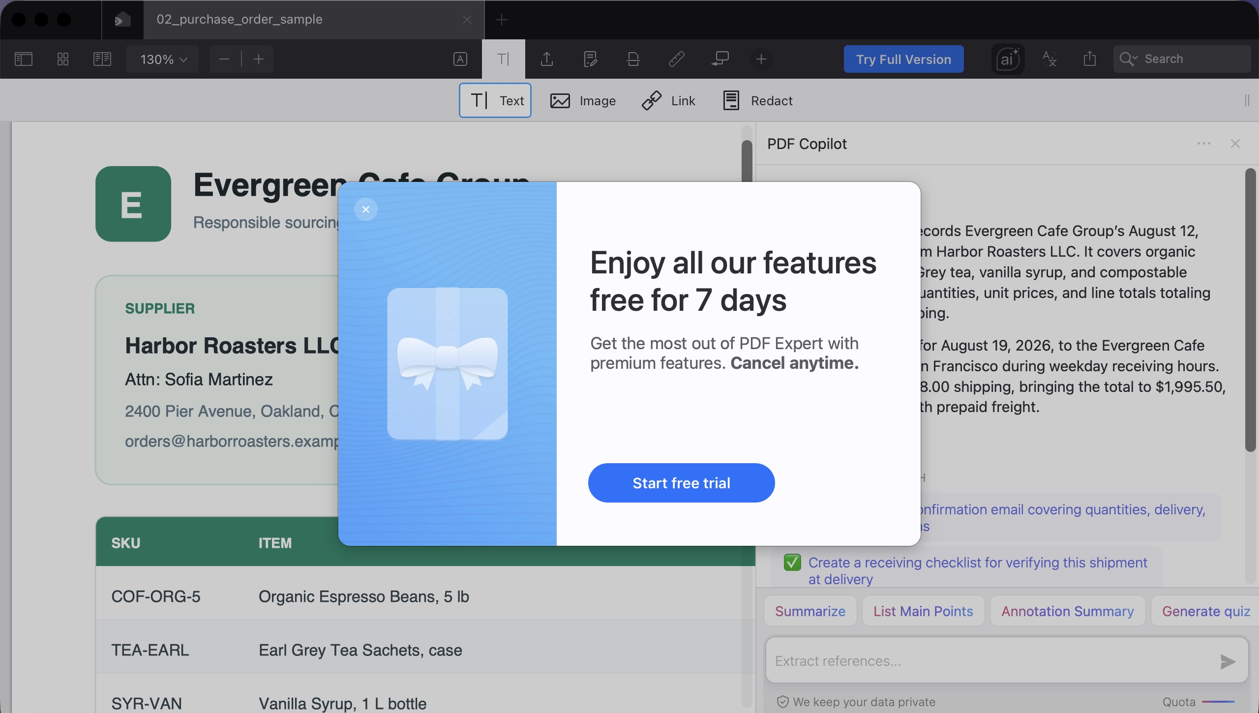 PDF Expert free version showing a seven-day trial popup