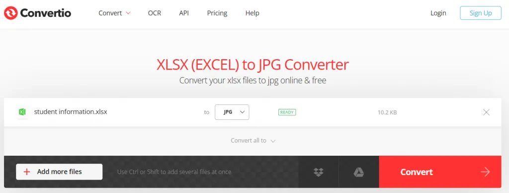 Convertir le fichier Excel en JPG avec Convertio