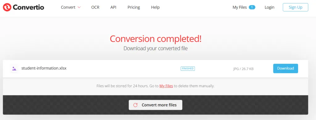 Press download to convert excel to jpg with convertio