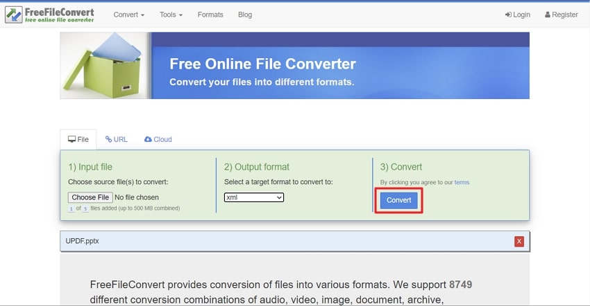 press the convert button to convert ppt to xml in freefileconvert