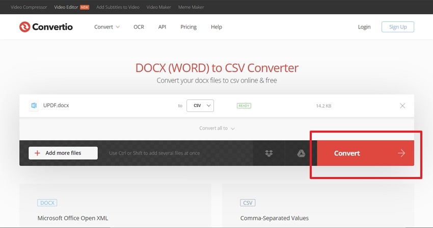 Converti Word Doc in CSV online utilizzando Convertio