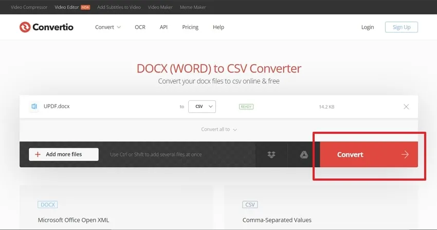 press the convert button to convert word to csv in convertio