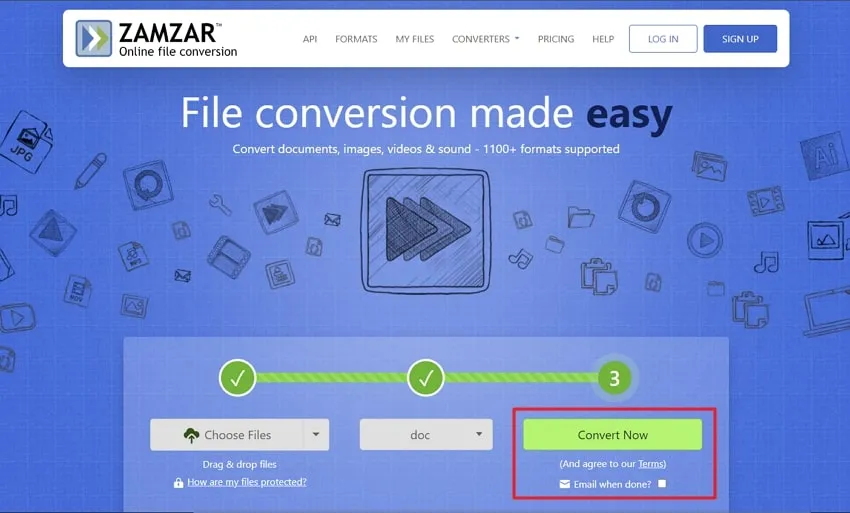 press the convert now button to convert jpg to editable word with zamzar