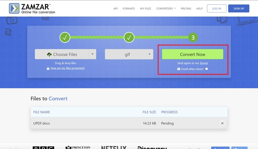 press the convert now button to convert word to gif in zamzar