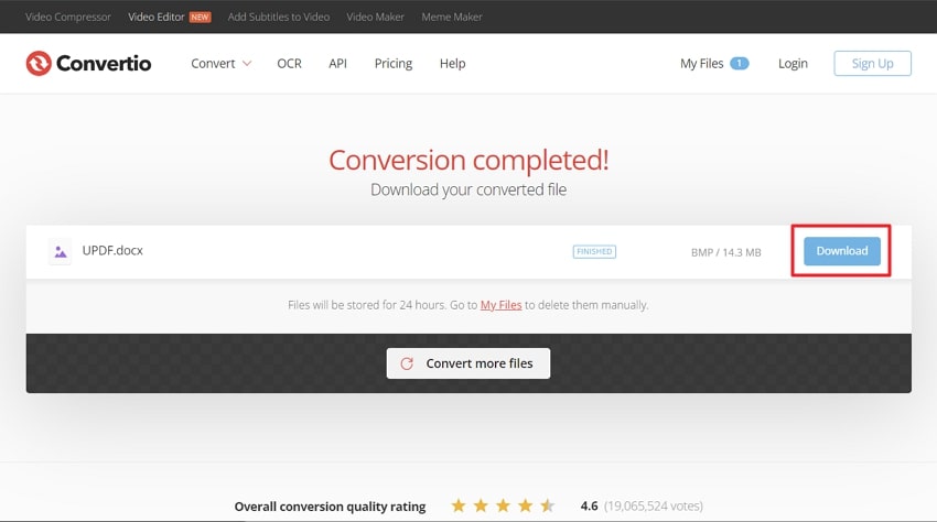 press the download button to download bmp in convertio