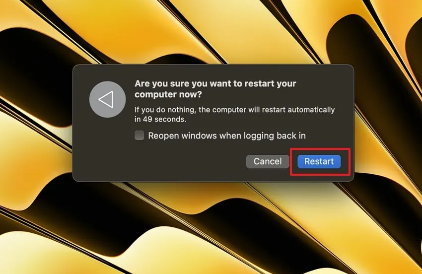 press the restart button on MacOS Sonoma