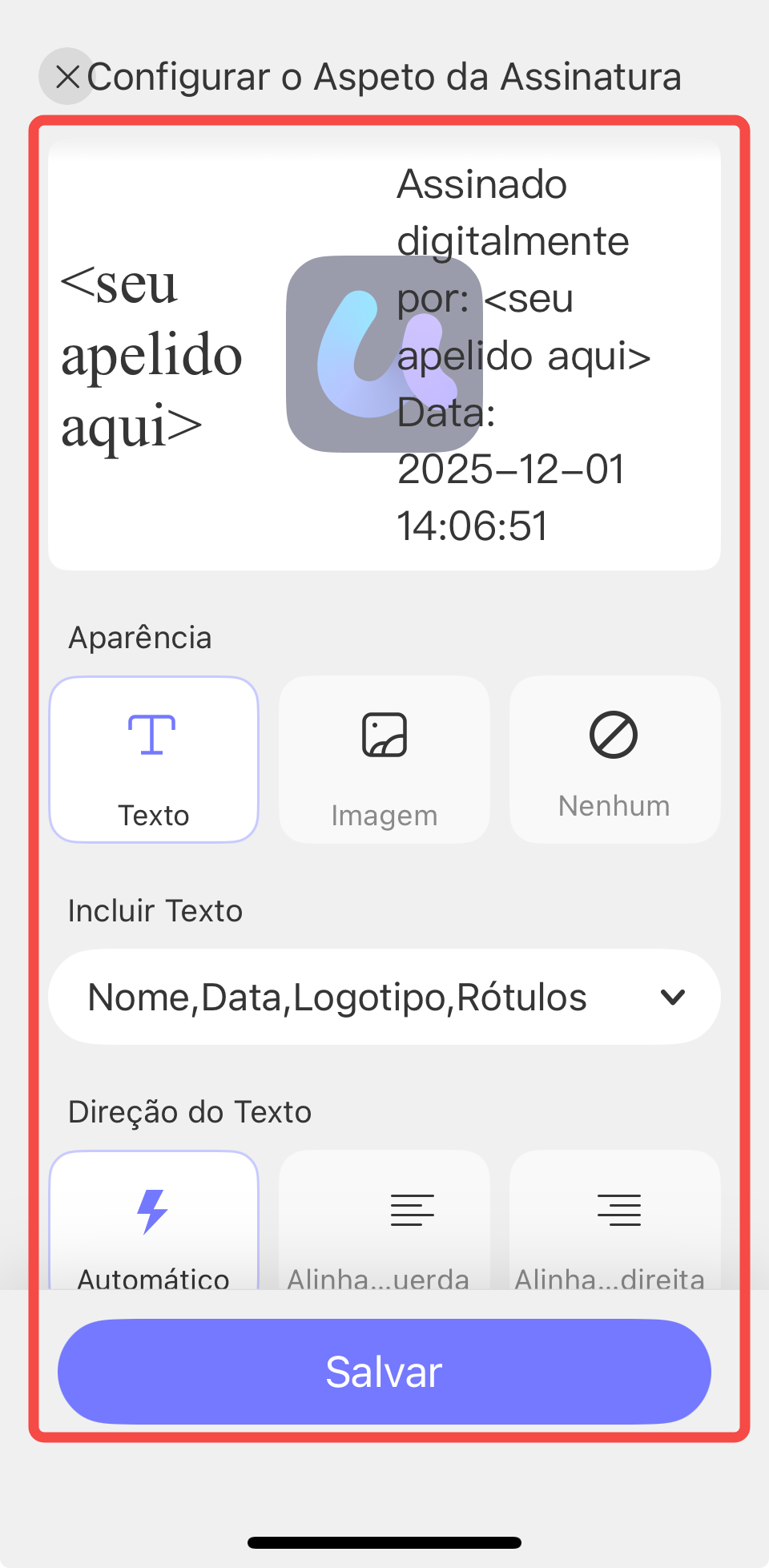 configurar o aspeto da assinatura