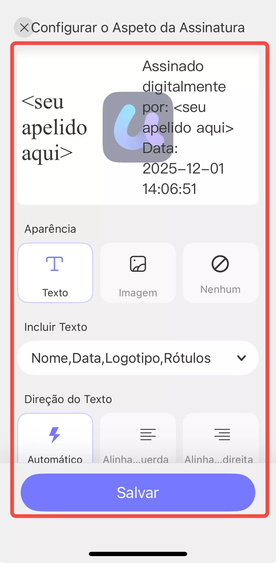 configurar o aspeto da assinatura