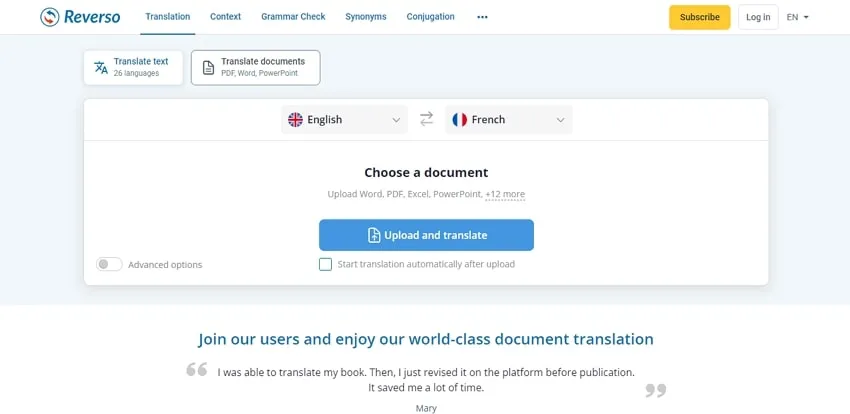 translate pdf english to german click on upload and translate button in Reverso