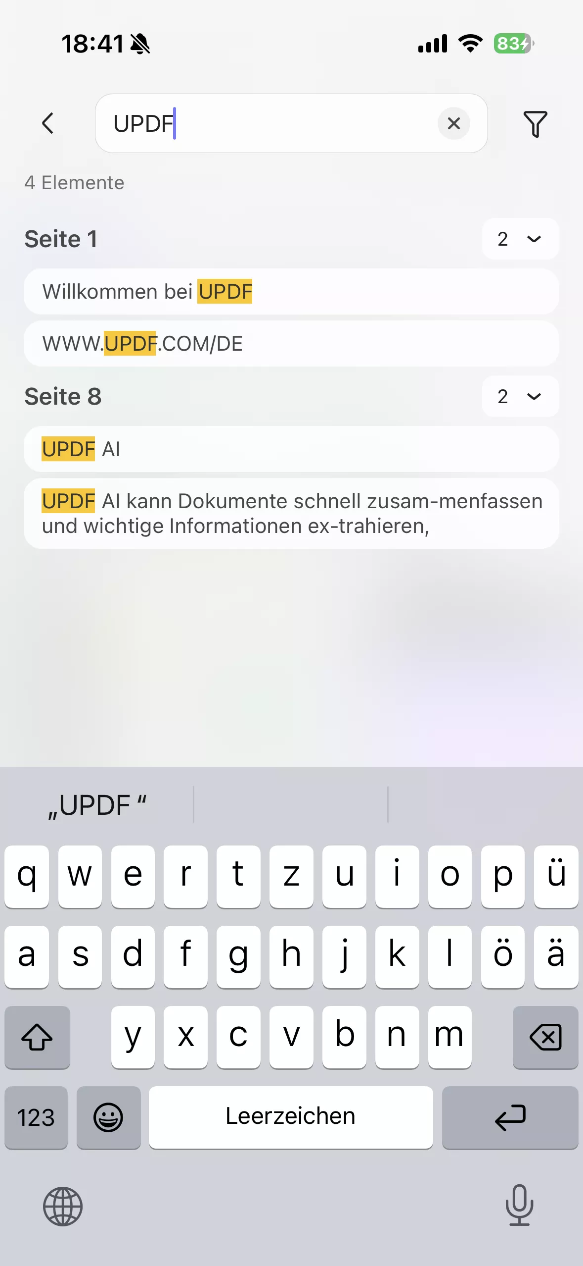 suche in pdf auf ios mit updf