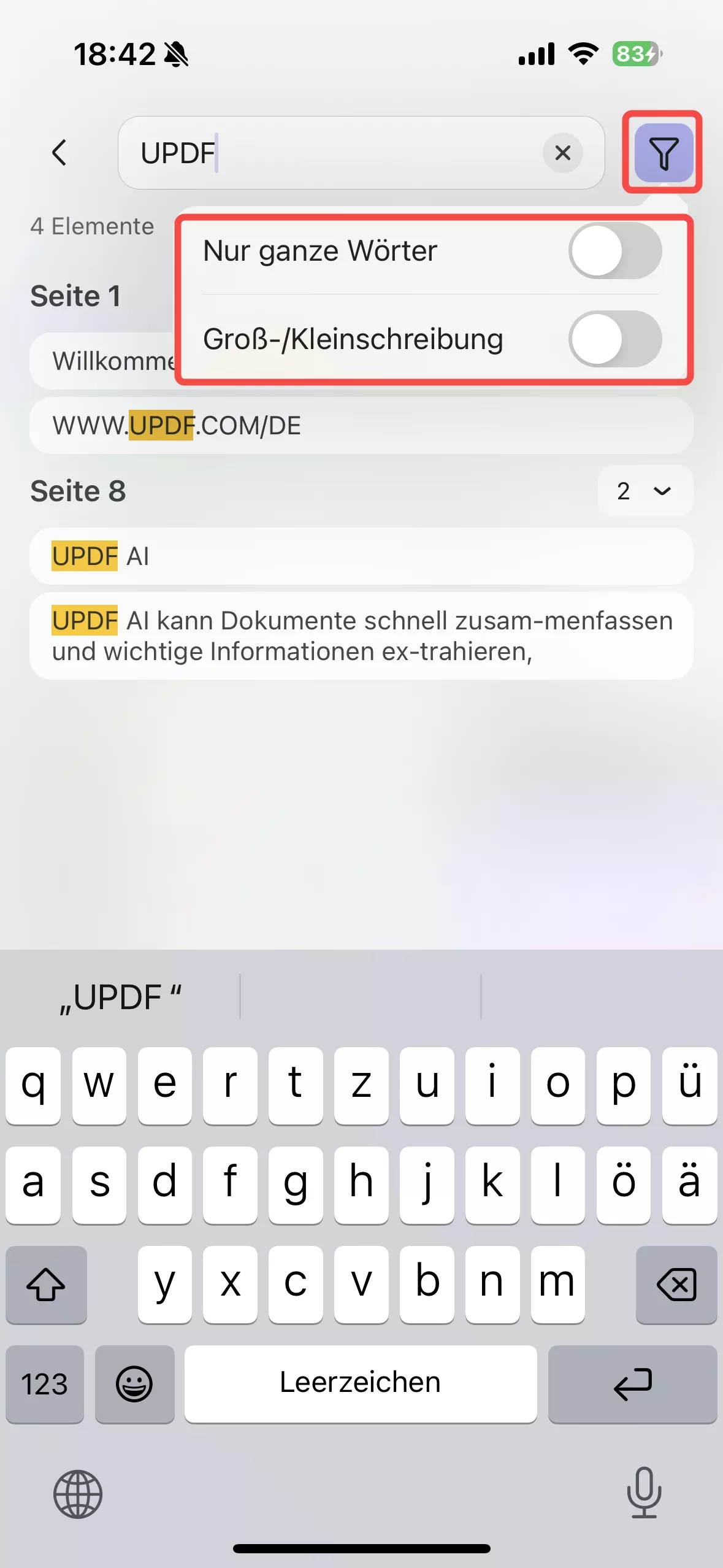suche in pdf auf ios mit updf