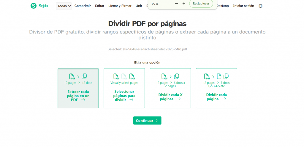 Elegir cómo dividir un PDF online con Sejda
