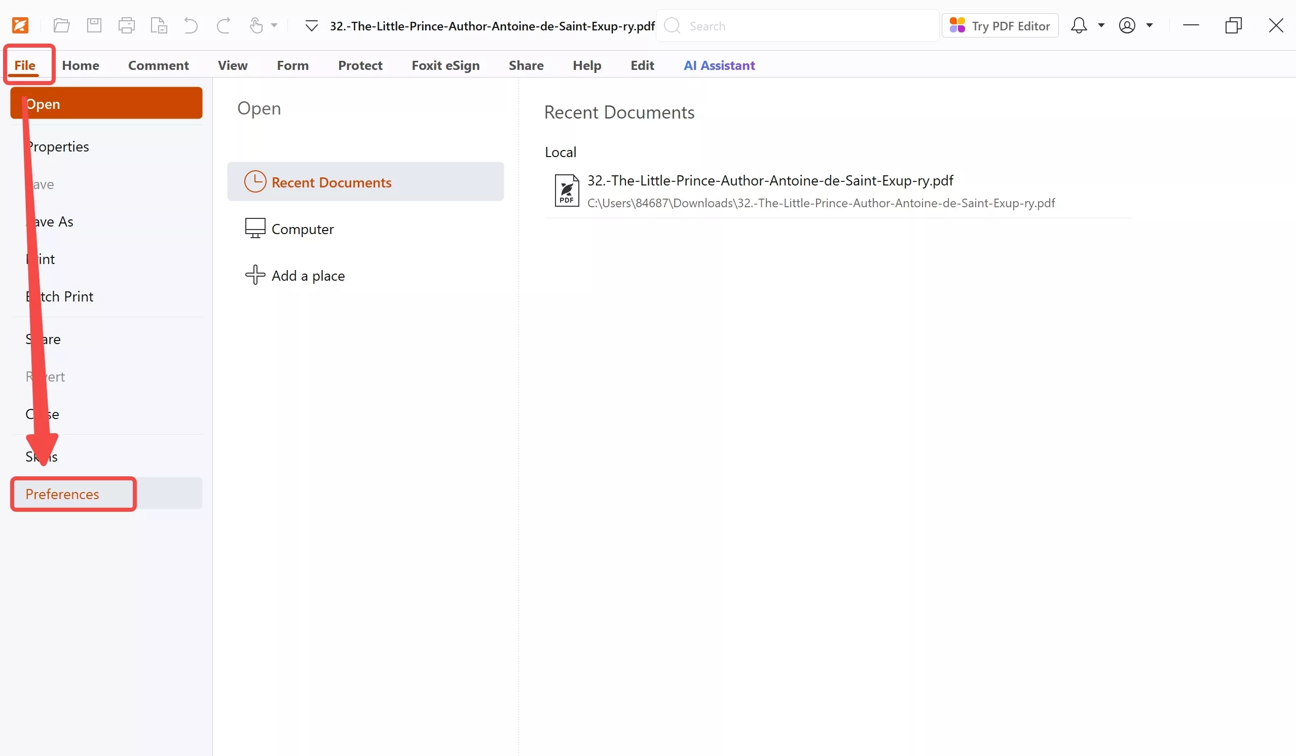 select Preferences on foxit pdf reader