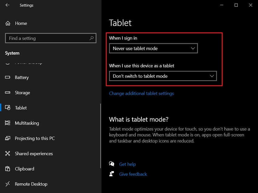 "Tablet Modunu Asla Kullanma" seçeneğini seçin