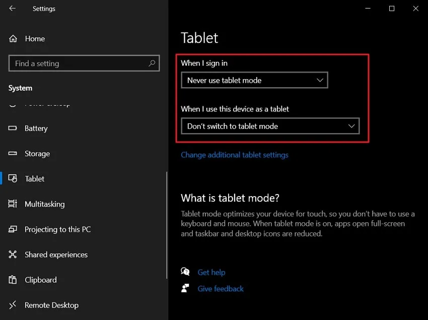 select the "Never Use Tablet Mode" option