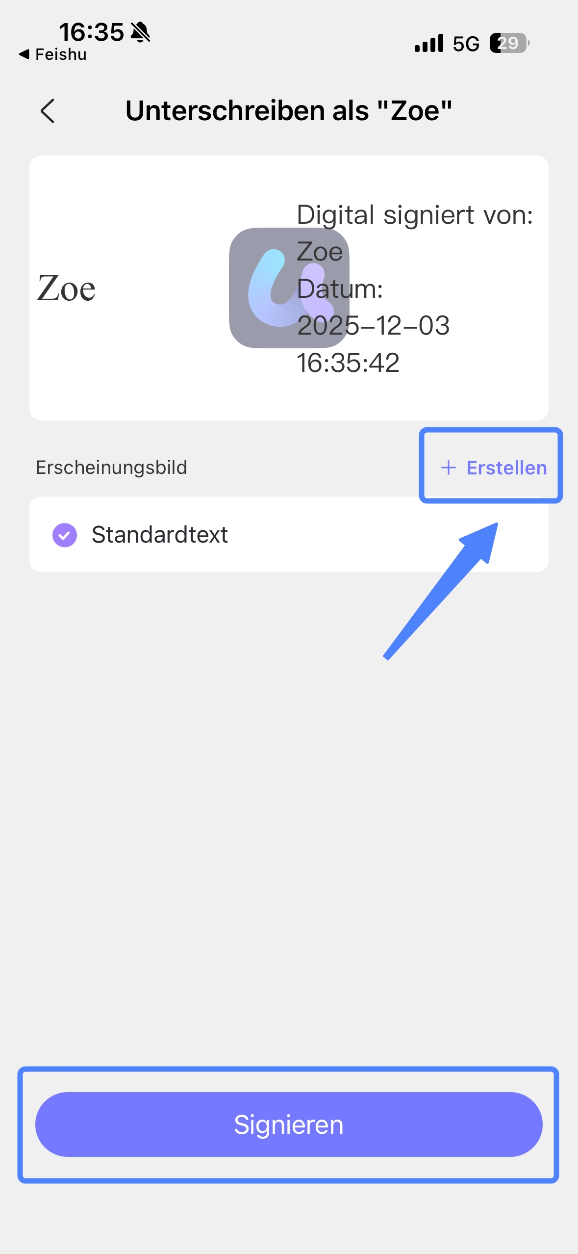Unterschreiben als [Ihre digitale ID]