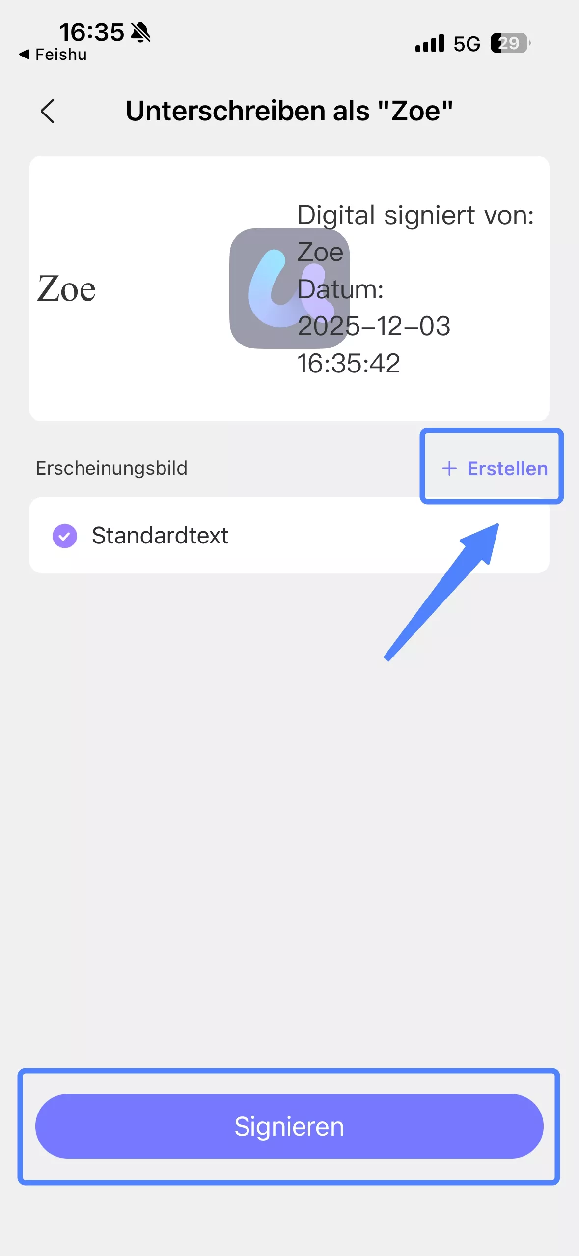 Unterschreiben als [Ihre digitale ID]