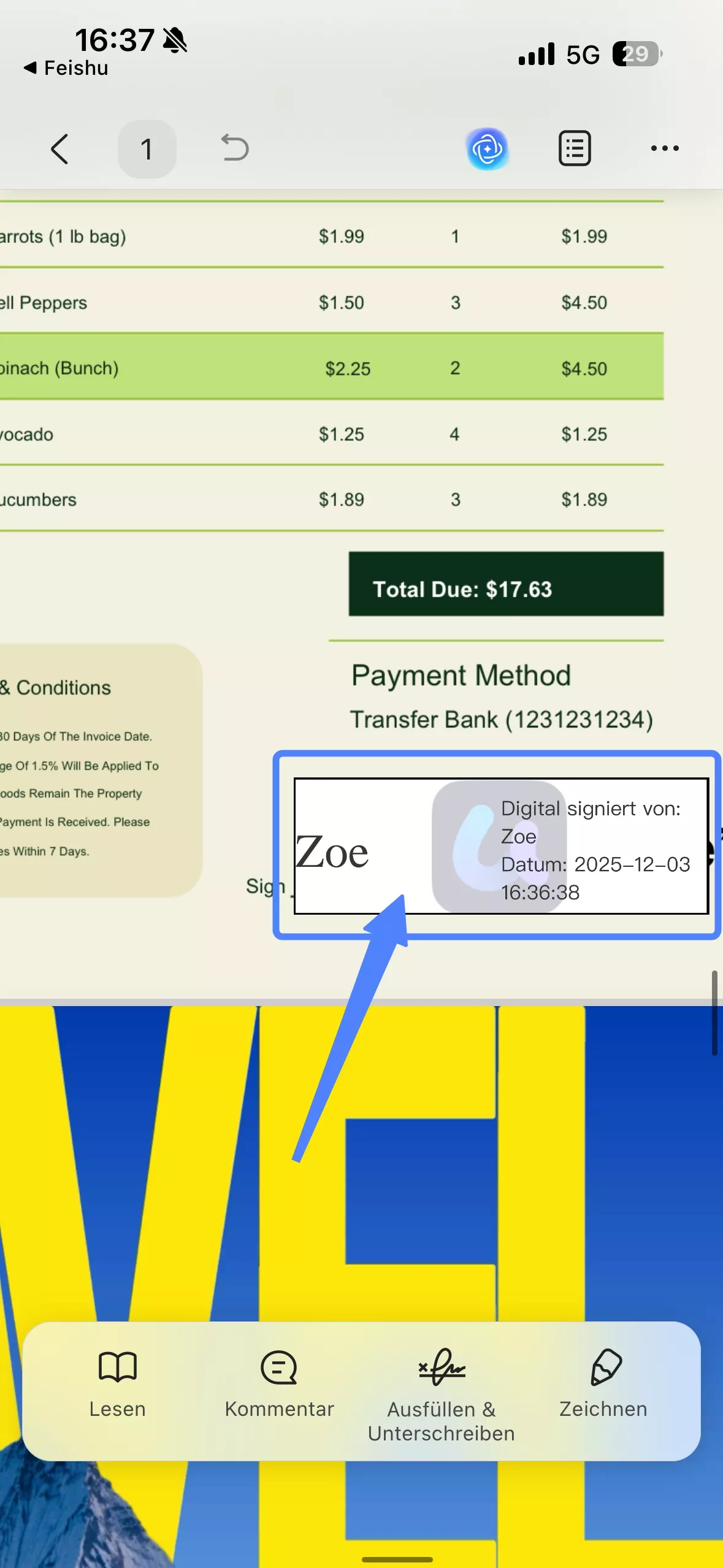 Unterschriftseigenschaften