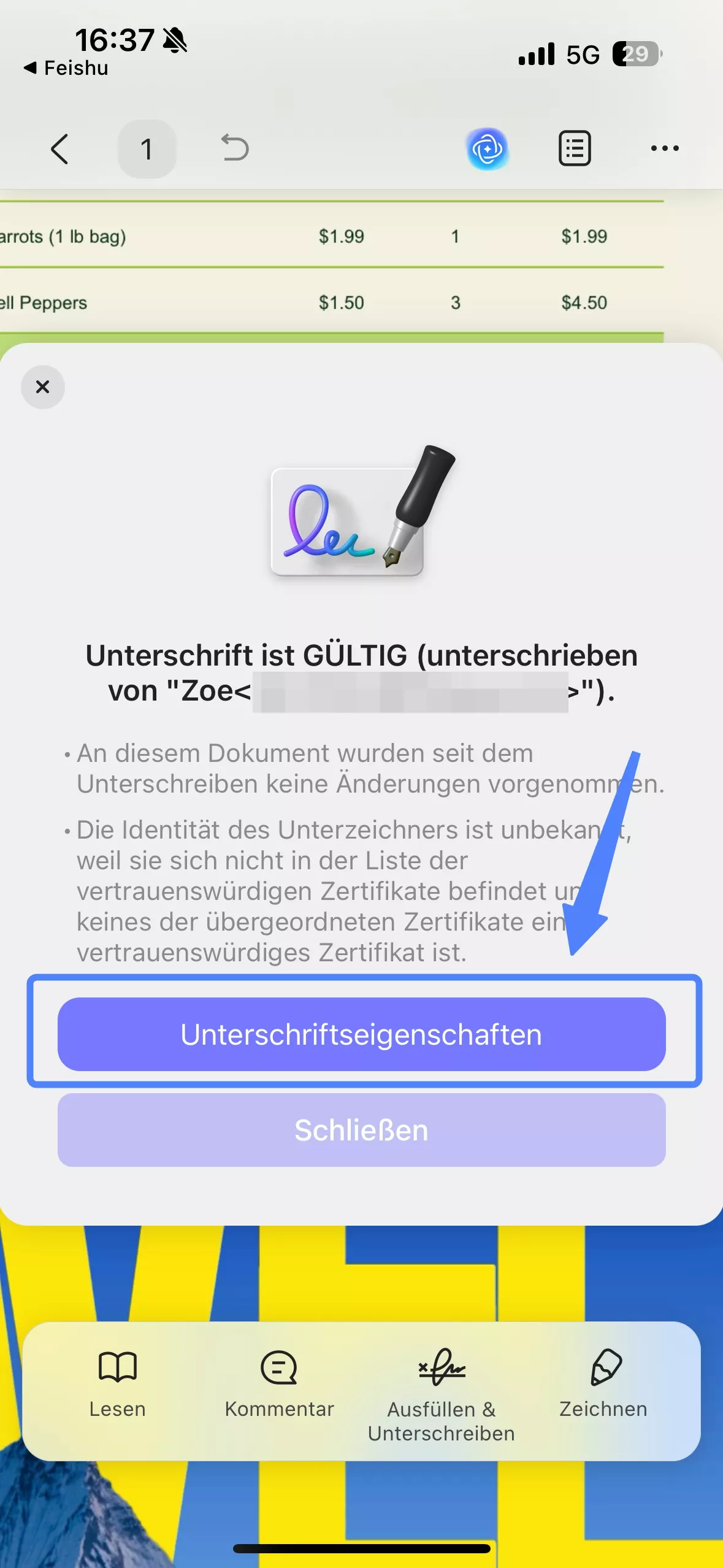 Unterschriftseigenschaften